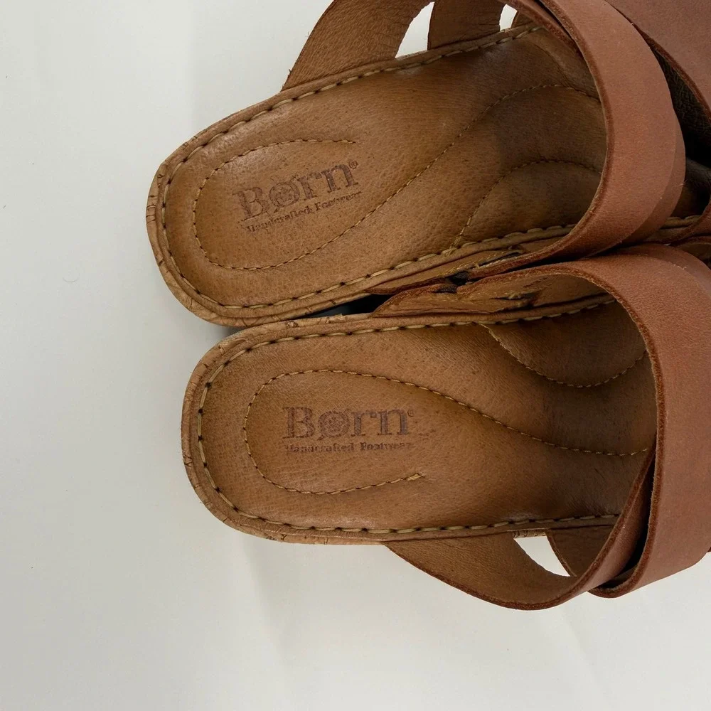 Born Brown Leather Cork Wedge Slide Sandals